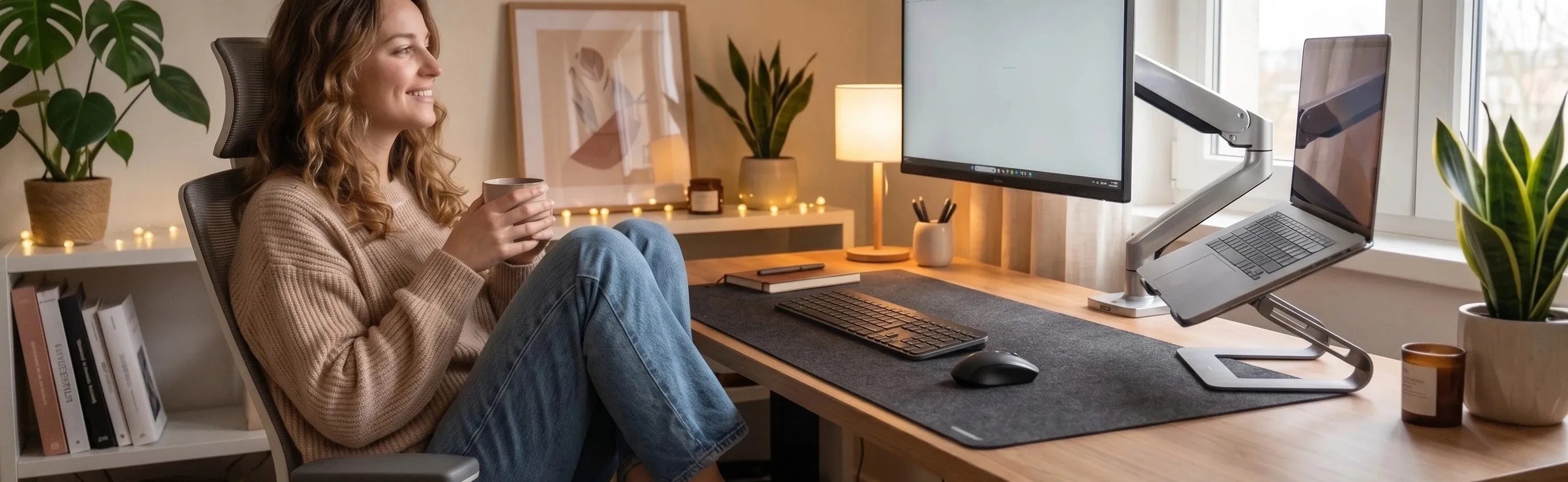 Femme relaxée à un bureau ergonomique avec bras d'écran, support PC et tapis XXL - BureauCosy.fr