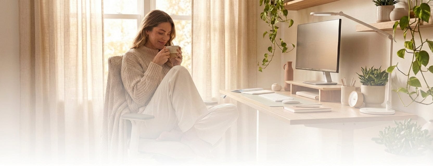 Bureau en bois clair avec écran d'ordinateur, plantes vertes tombantes et rideaux en lin beige, ambiance bureau chaleureuse.