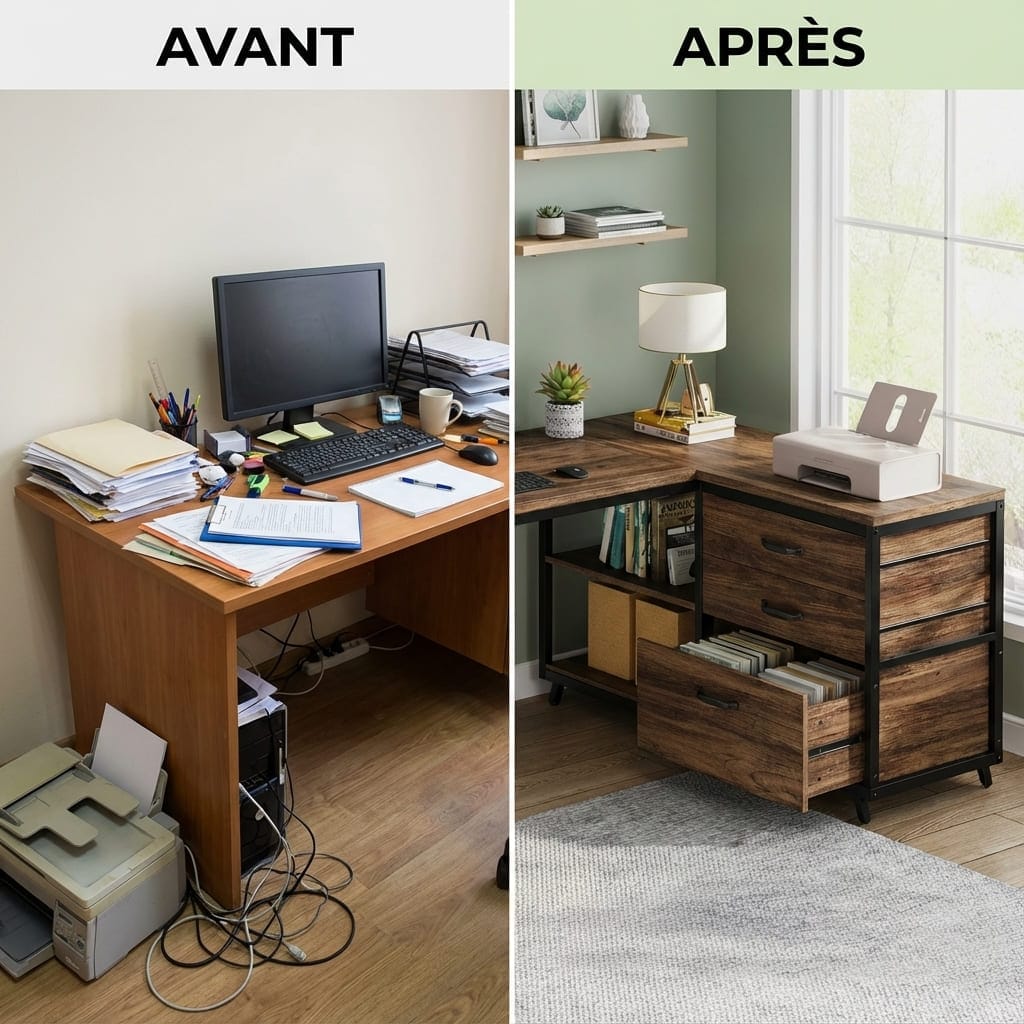 Comparaison avant/après montrant un bureau encombré transformé en un espace de travail organisé grâce à un bureau d'angle en bois et métal avec tiroirs de classement et étagères, illustrant une solution de rangement efficace.