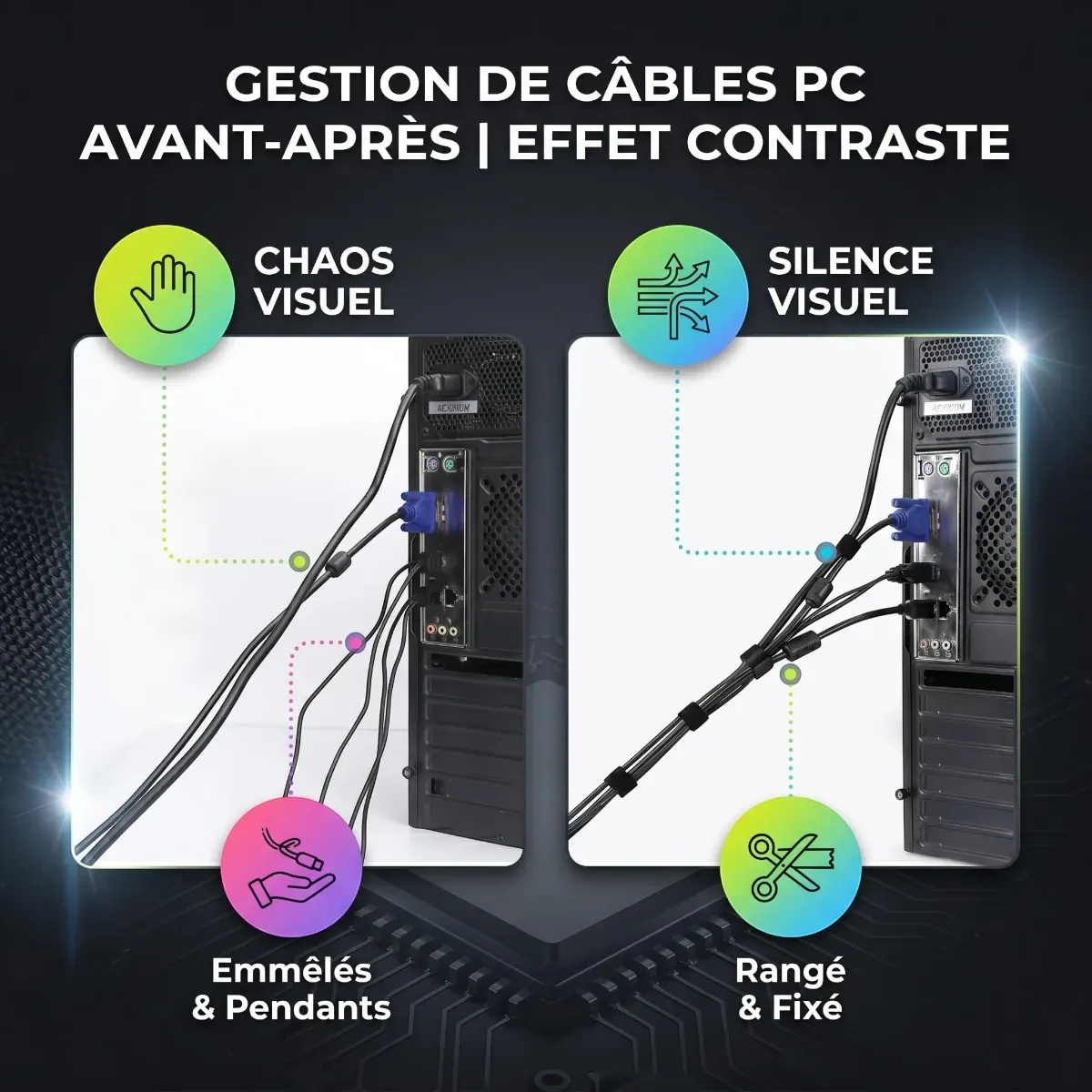 Effet de contraste avant après d'un câble management de PC réussi avec l'enrouleur de câbles Roll Nexus.
