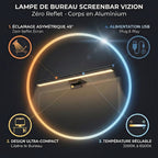 Infographie des 4 avantages clés : éclairage asymétrique, design compact, température réglable et alimentation USB de la Screenbar VIZION.