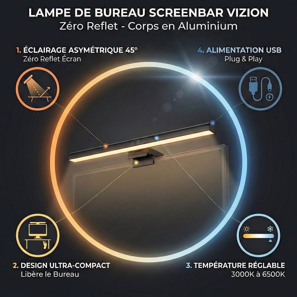Infographie des 4 avantages clés : éclairage asymétrique, design compact, température réglable et alimentation USB de la Screenbar VIZION.