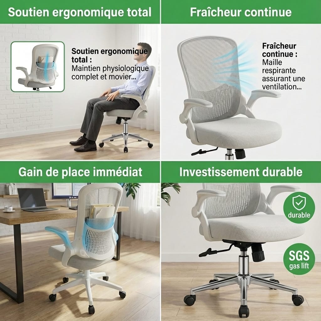 Infographie montrant les quatre avantages majeurs du fauteuil : soutien ergonomique total, maille respirante pour une fraîcheur continue, gain de place immédiat et investissement durable avec vérin certifié SGS