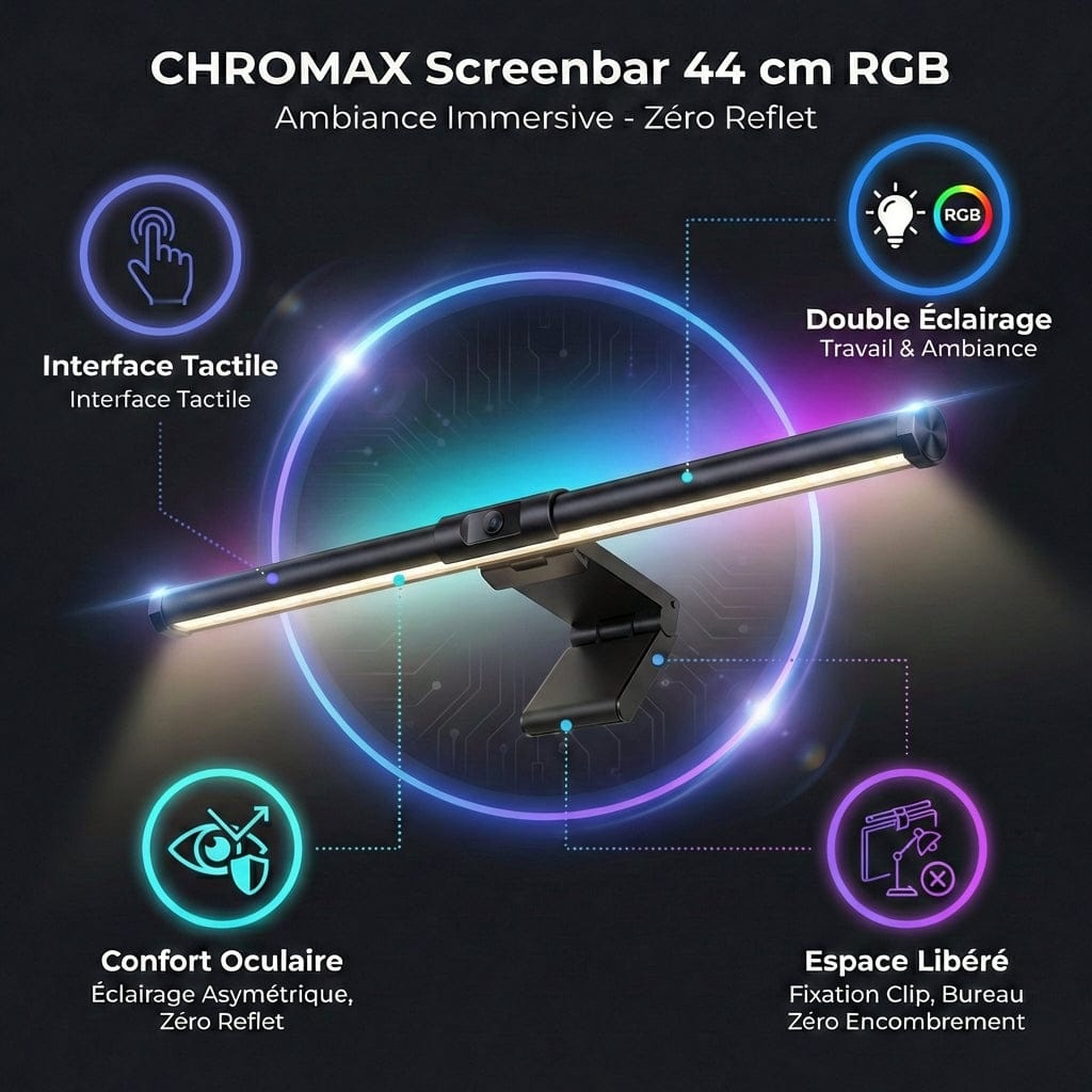 Infographie résumé de la Screenbar CHROMAX : interface tactile, double éclairage, confort oculaire et gain d'espace.