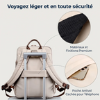 Sangle arrière du sac à dos Helya fixé sur une valise comme bagage cabine professionnel.