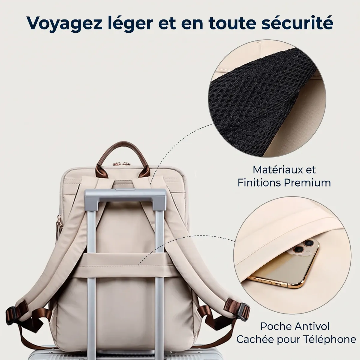 Sangle arrière du sac à dos Helya fixé sur une valise comme bagage cabine professionnel.