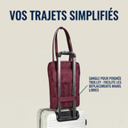 Démonstration de la sangle de fixation trolley de la sacoche Chrono sur une valise cabine professionnelle.