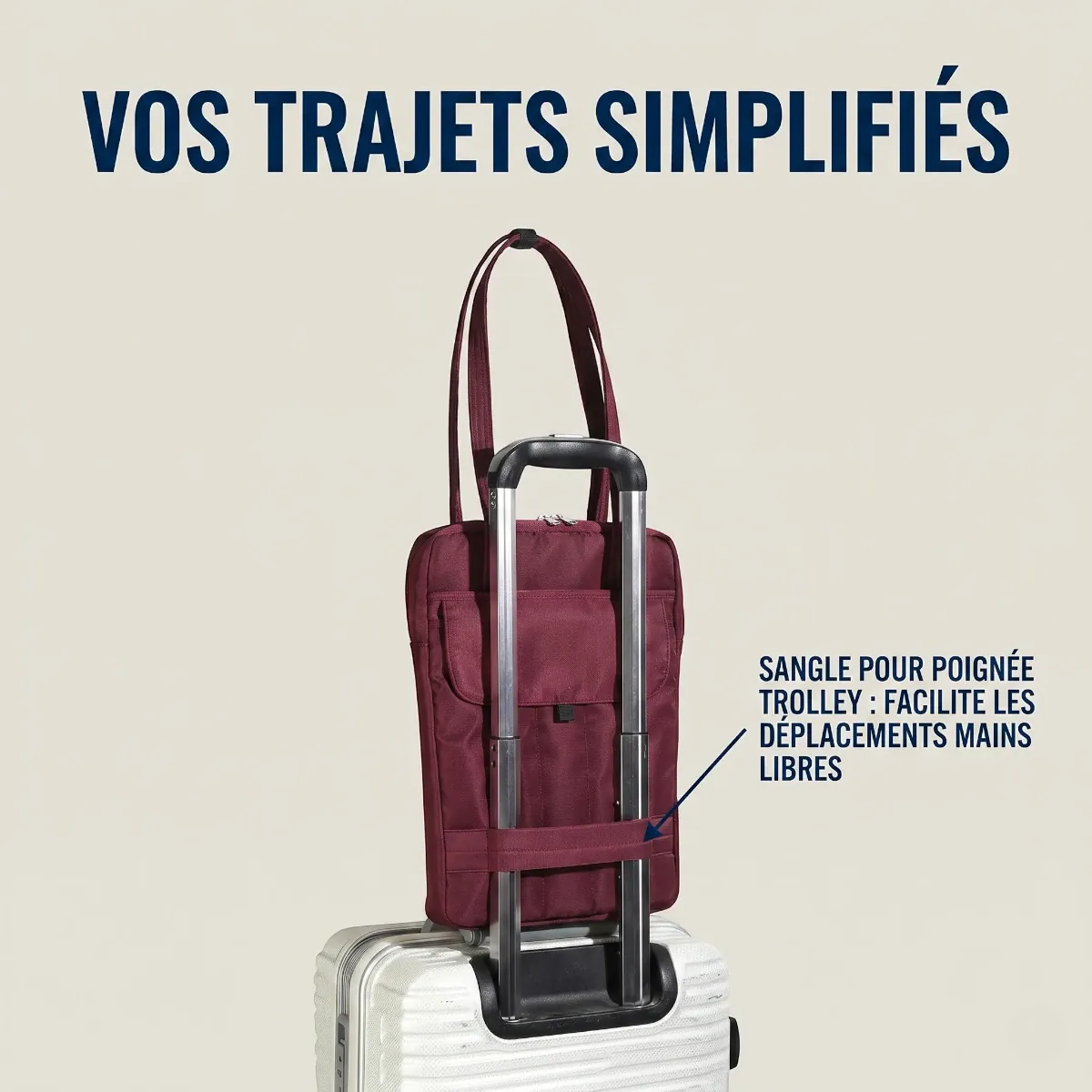 Démonstration de la sangle de fixation trolley de la sacoche Chrono sur une valise cabine professionnelle.