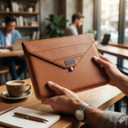 Prise en main du bagage professionnel minimaliste pochette ordinateur Lift par un utilisateur en espace de coworking.