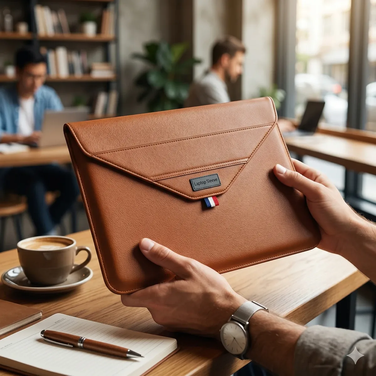 Prise en main du bagage professionnel minimaliste pochette ordinateur Lift par un utilisateur en espace de coworking.