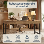 Infographie présentant les bénéfices ergonomiques et le confort du bureau en bois TimberForge