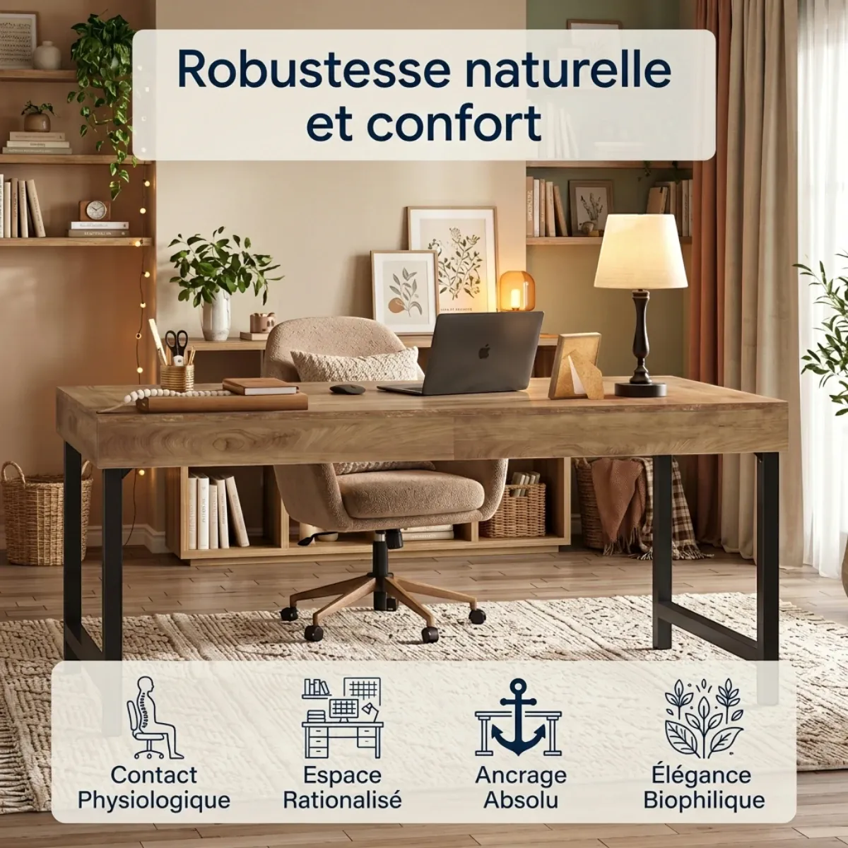 Infographie présentant les bénéfices ergonomiques et le confort du bureau en bois TimberForge