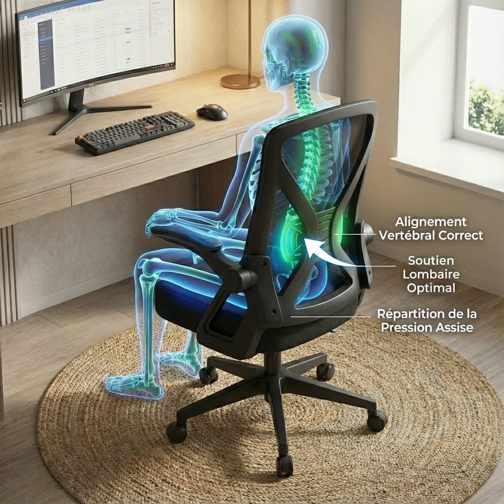 Schéma anatomique d'une personne assise sur une chaise de bureau ergonomique avec soutien lombaire ajustable, montrant un alignement vertébral correct et une répartition de la pression assise.