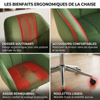 Infographie montrant les bienfaits ergonomiques : dossier soutenant, accoudoirs et assise rembourrée.