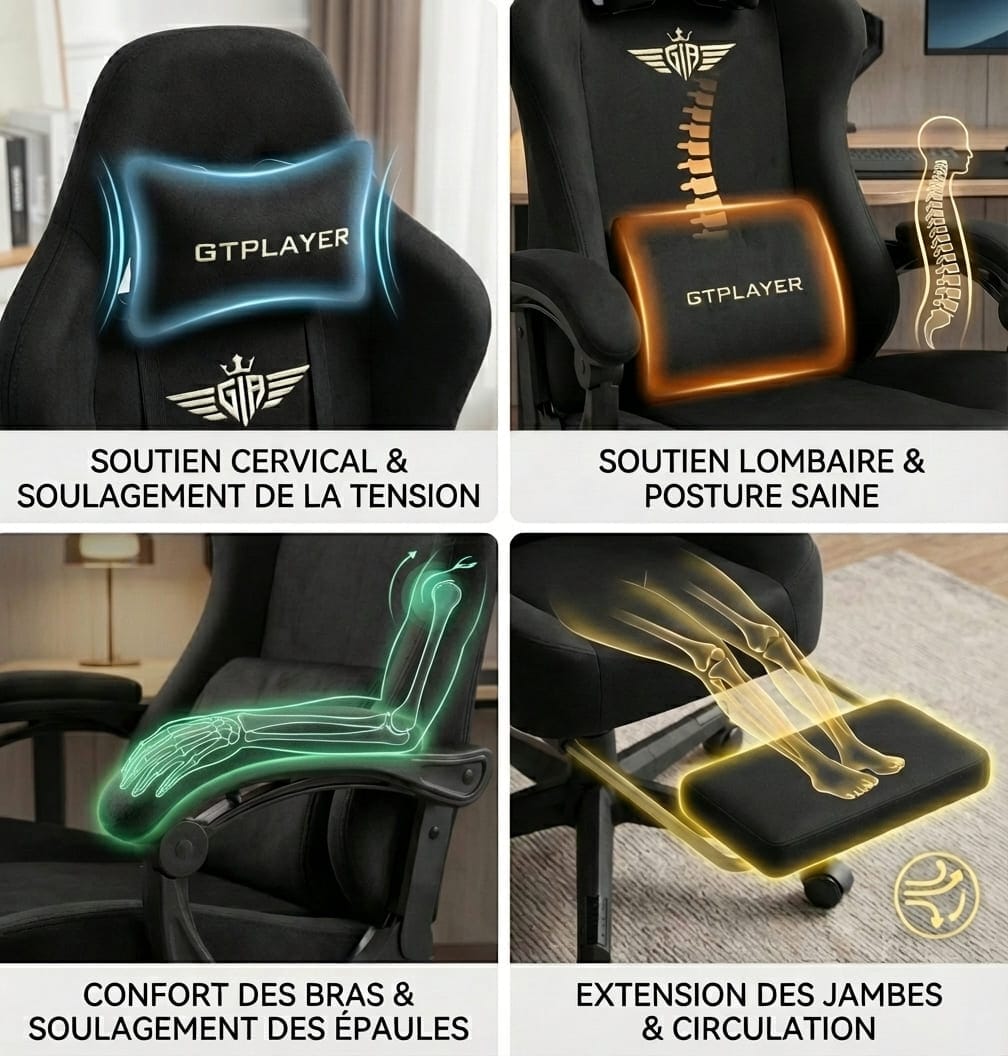 Infographie montrant le soutien cervical, lombaire et l'extension des jambes de la chaise GTPLAYER.