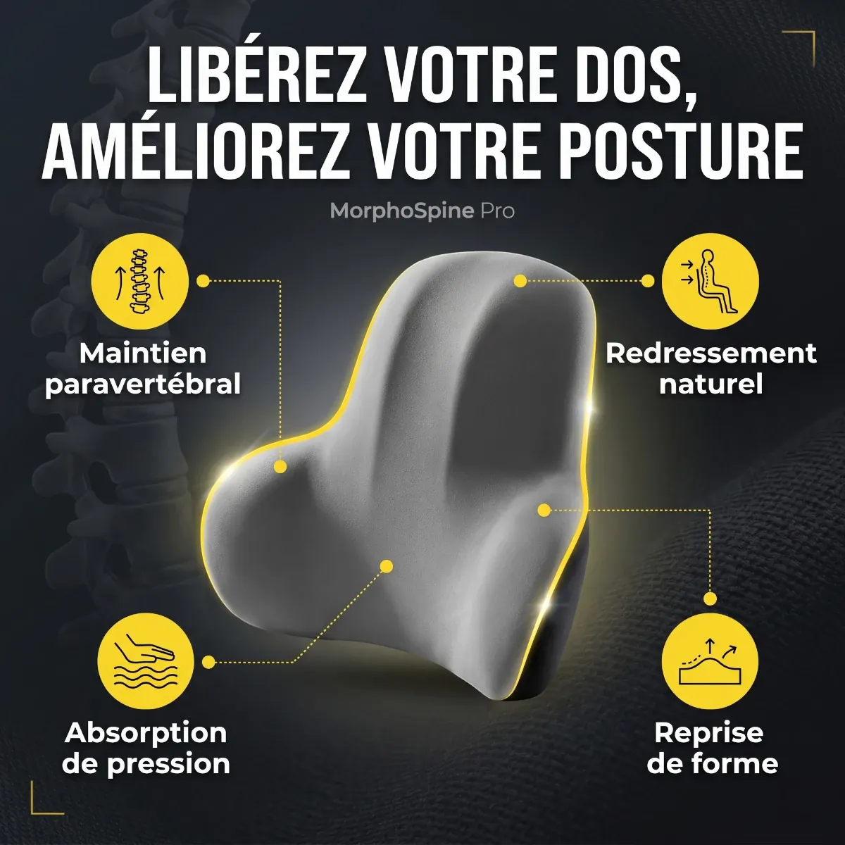 Infographie des bénéfices santé : maintien paravertébral et absorption de pression par le MorphoSpine Pro.
