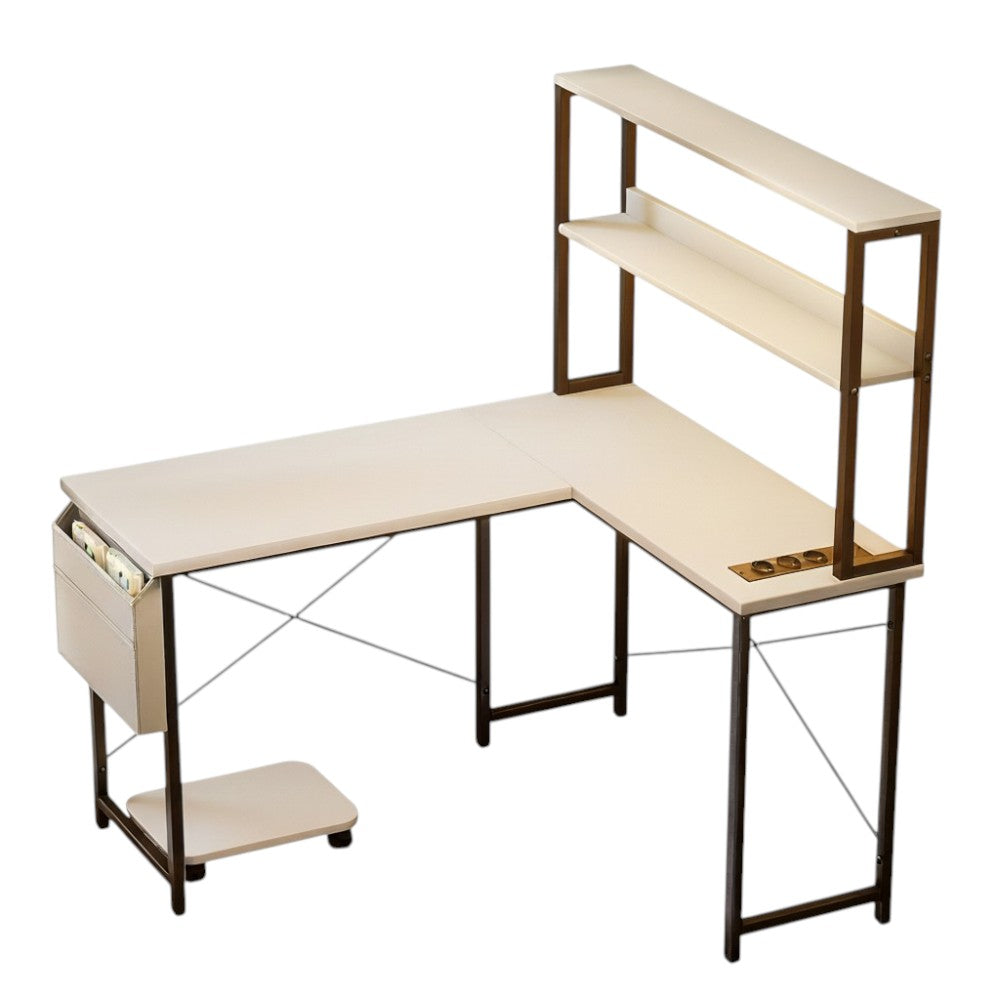 Blanc Bureau d'Angle en L 148 cm avec Éclairage LED RGB et Rangements Intégrés