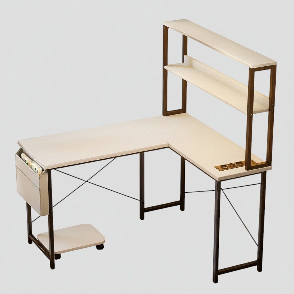 Blanc Bureau d'Angle en L 148 cm avec Éclairage LED RGB et Rangements Intégrés