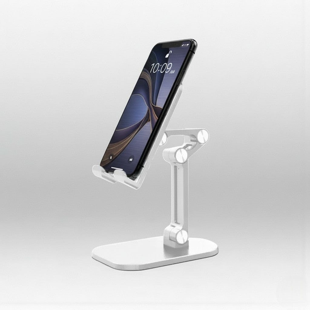 Blanc Support Téléphone Pliable & Compact – Angle Ajustable 120° avec Mécanisme Triangulaire Stable
