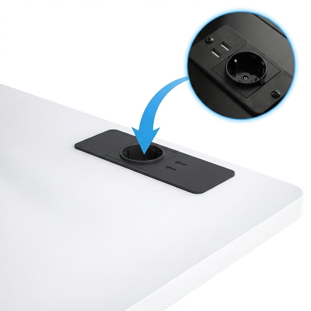 Gros plan sur le bloc d'alimentation encastré comprenant une prise secteur et deux ports USB sur plateau de bureau blanc.