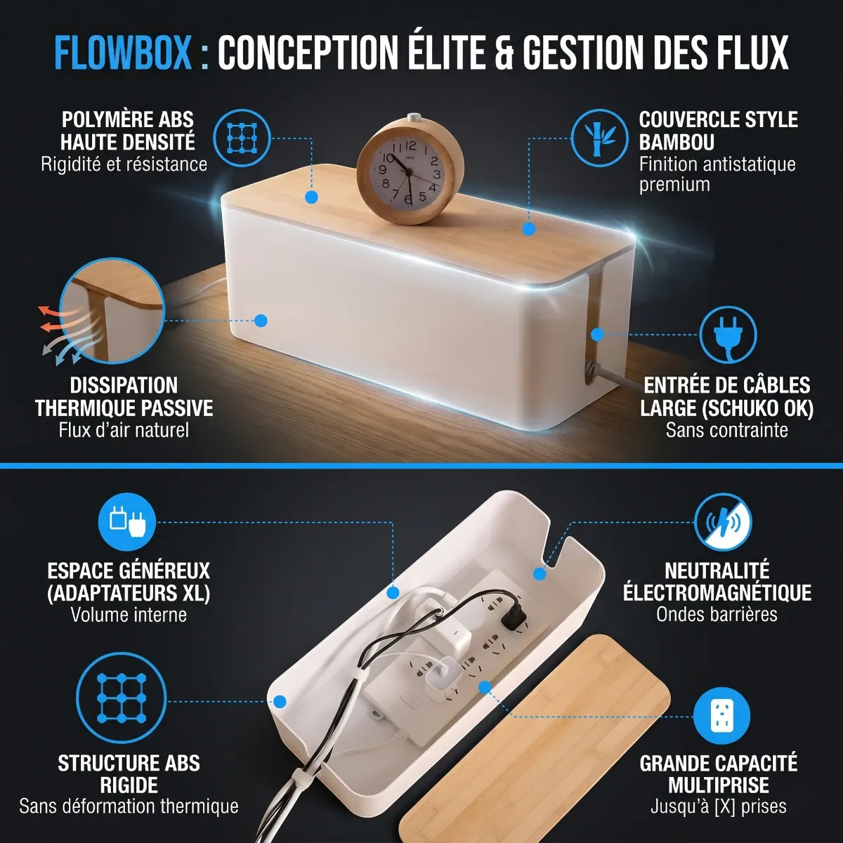 Détails techniques de la FlowBox montrant la dissipation thermique passive et la gestion des flux de câbles bidirectionnelle.