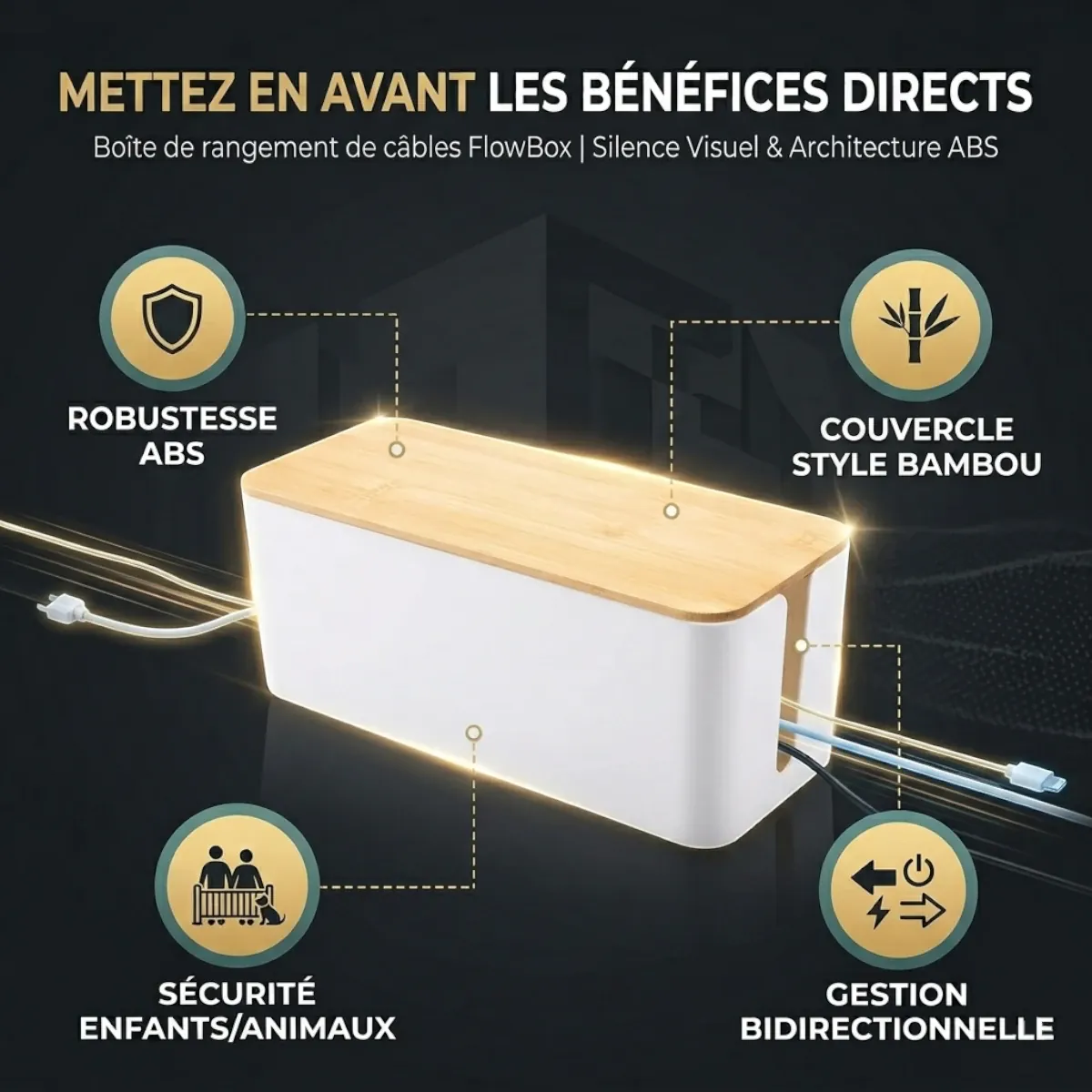Infographie des bénéfices directs de la boîte de rangement de câbles FlowBox : robustesse ABS et couvercle style bambou.