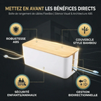 Infographie des bénéfices directs de la boîte de rangement de câbles FlowBox : robustesse ABS et couvercle style bambou.