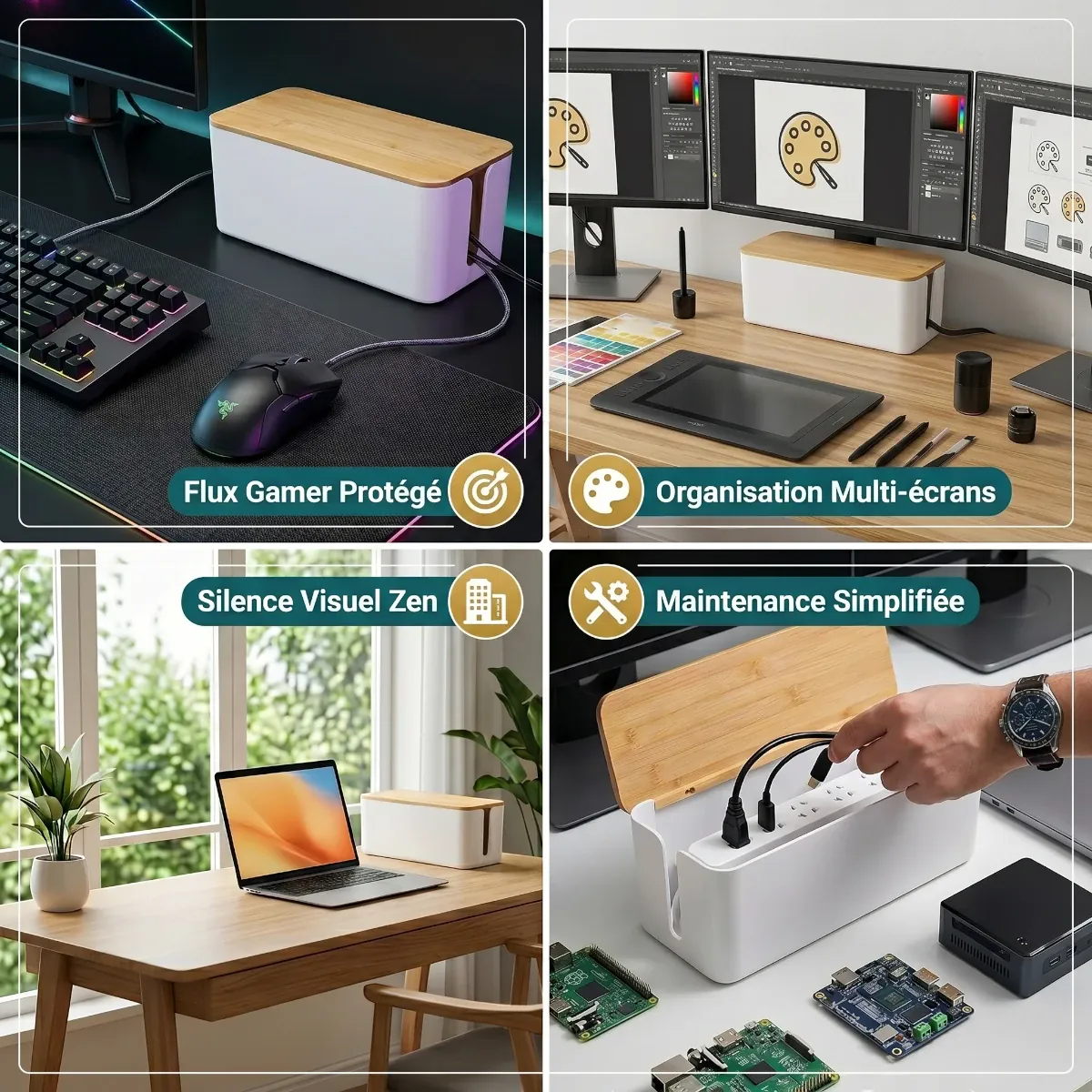 Mosaïque d'utilisation de la FlowBox pour setup gamer, multi-écrans et maintenance simplifiée des câbles.