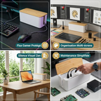 Mosaïque d'utilisation de la FlowBox pour setup gamer, multi-écrans et maintenance simplifiée des câbles.