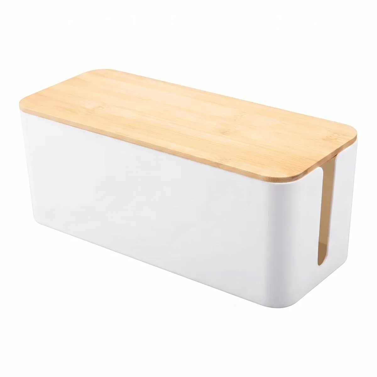 Vue produit de la boîte de rangement FlowBox blanche avec couvercle style bambou pour gestion de câbles invisible. Taille L.