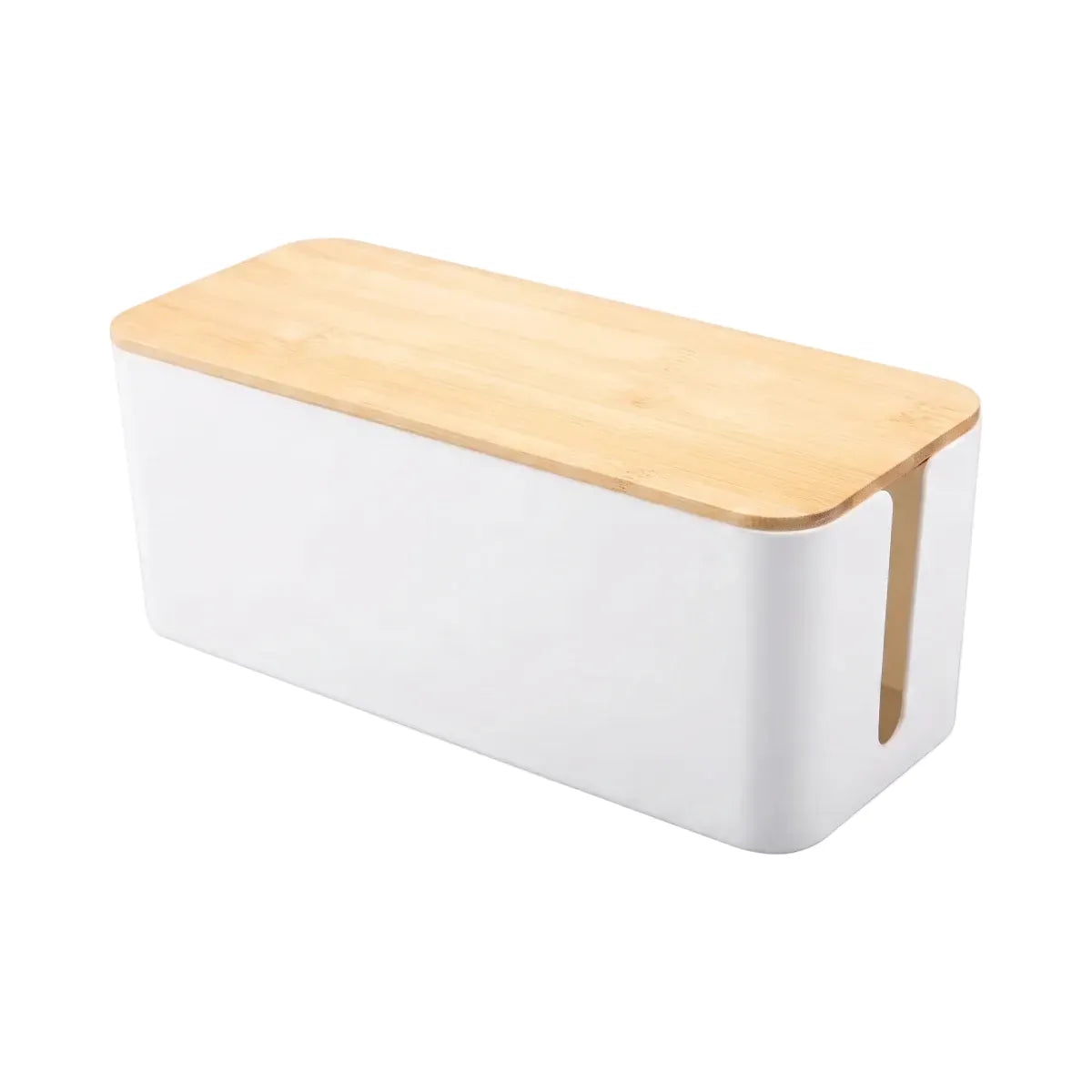 Vue produit de la boîte de rangement FlowBox blanche avec couvercle style bambou pour gestion de câbles invisible. Taille M.