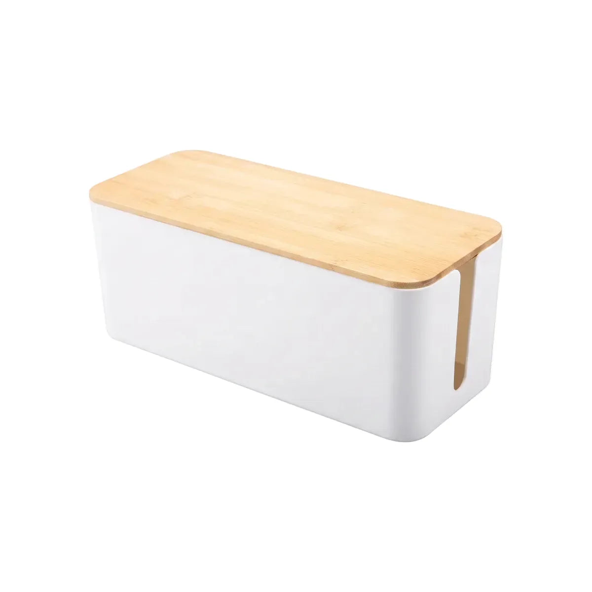 Vue produit de la boîte de rangement FlowBox blanche avec couvercle style bambou pour gestion de câbles invisible. Taille S.