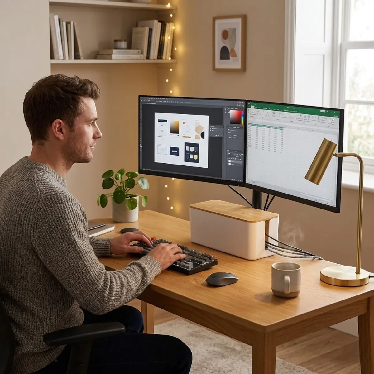 Mise en situation de la boîte FlowBox sur un bureau en bois pour un silence visuel et un setup home-office épuré.