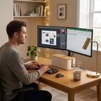 Mise en situation de la boîte FlowBox sur un bureau en bois pour un silence visuel et un setup home-office épuré.