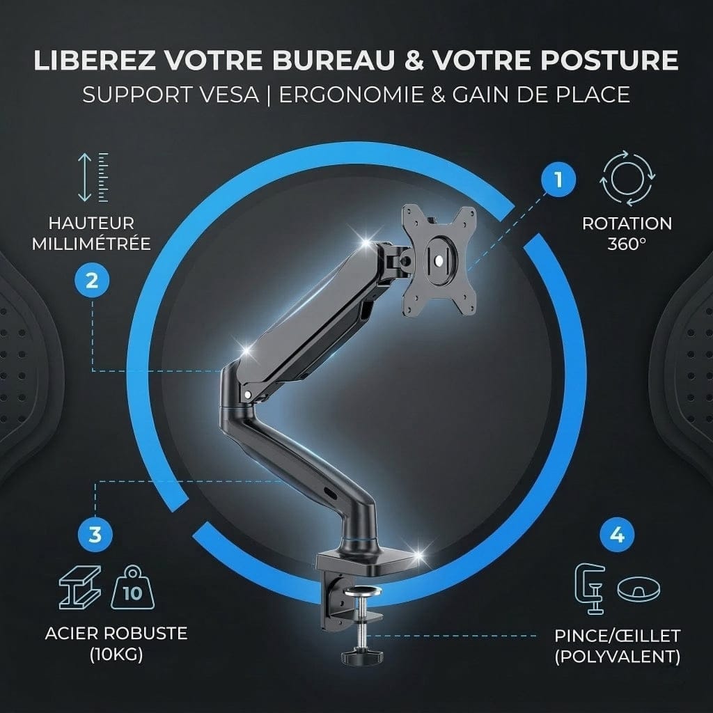 Infographie technique du bras articulé BEISHI montrant les axes de rotation et la hauteur réglable.