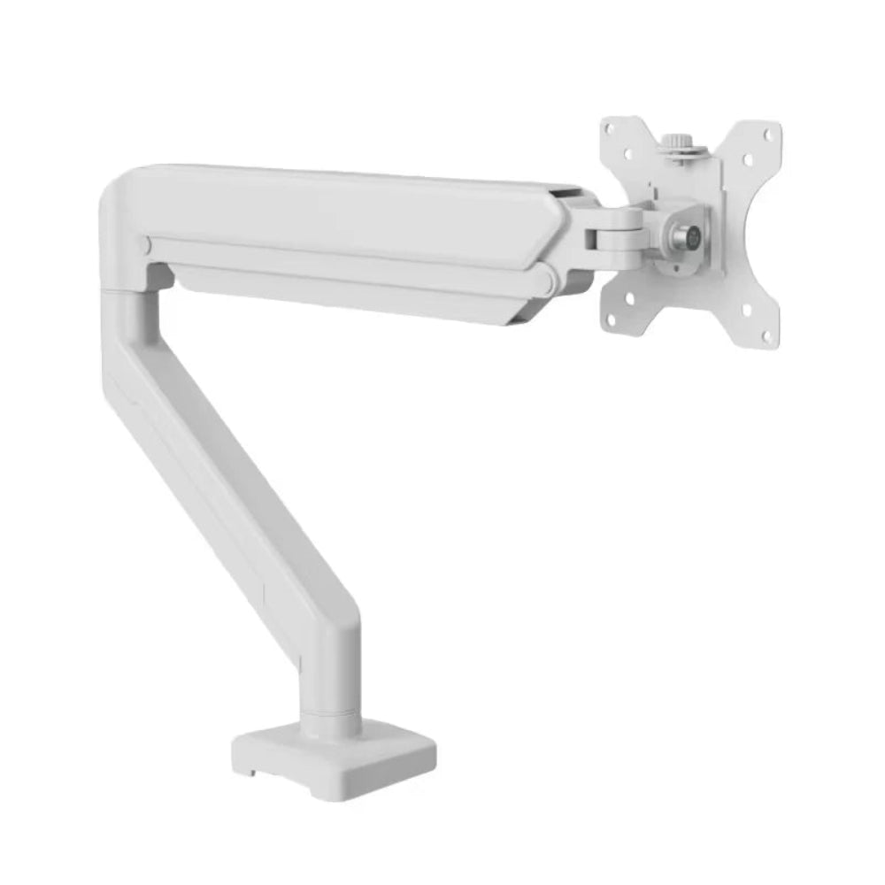 Support écran articulé blanc pour bureau minimaliste, bras réglable en acier laminé à froid.