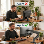 Comparaison avant après de la posture au travail avec le bras articulé écran ZenMotion Pro pour soulager les cervicales.