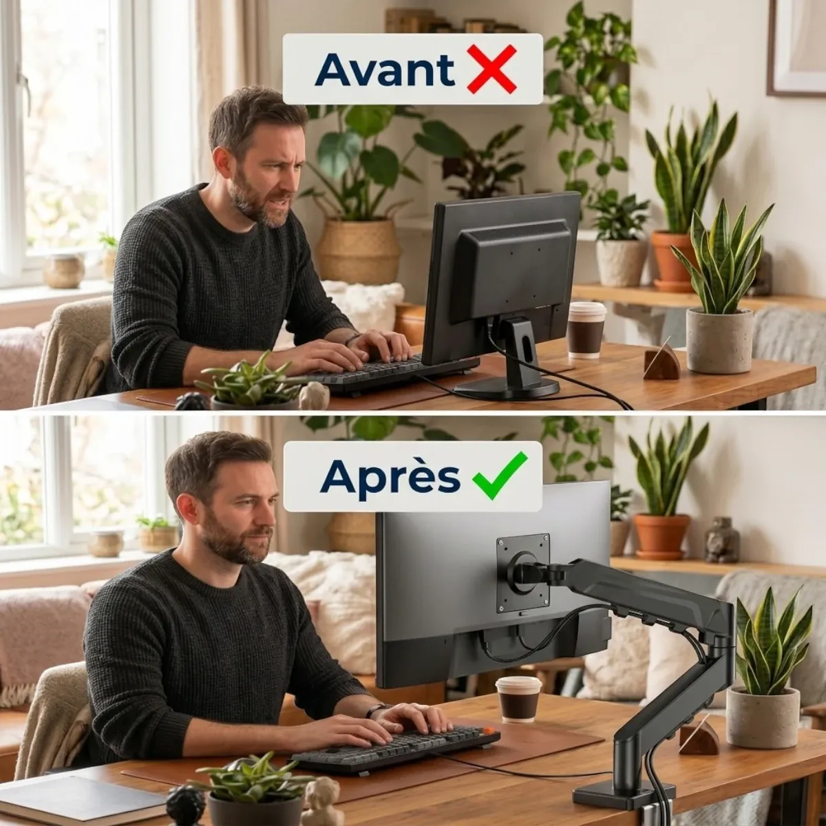 Comparaison avant après de la posture au travail avec le bras articulé écran ZenMotion Pro pour soulager les cervicales.