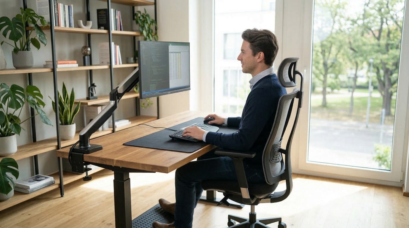 Thomas, expert en ergonomie, travaillant sur un écran PC surélevé par un bras articulé noir pour une posture parfaite dans un bureau moderne.