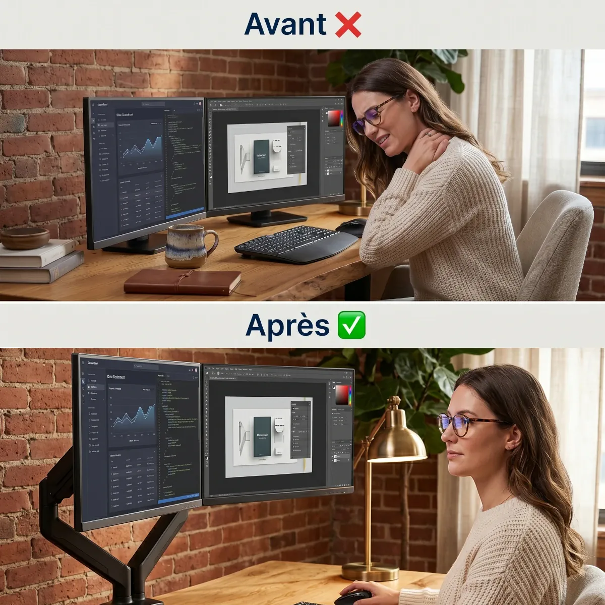 Comparatif avant après de la posture des cervicales avec le bras articulé écran DualForce Pro