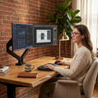 Setup de travail au style bureau cosy avec une utilisatrice devant le bras écran PC double