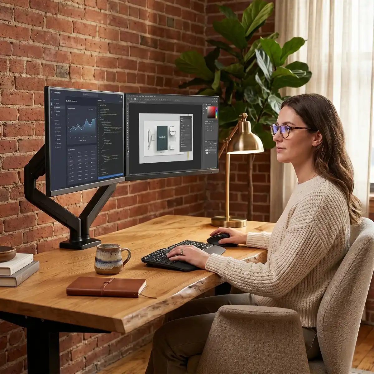 Setup de travail au style bureau cosy avec une utilisatrice devant le bras écran PC double