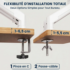 Options de montage du pied écran PC par pince de table amovible ou par perçage passe câble