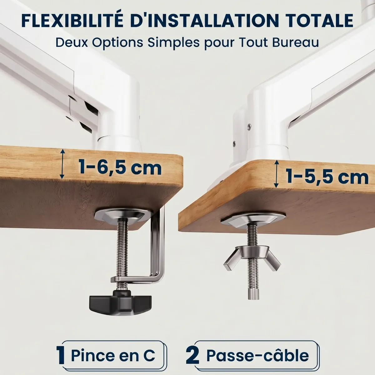 Options de montage du pied écran PC par pince de table amovible ou par perçage passe câble