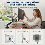 Démonstration de l'amplitude de mouvement du bras écran PC Kineos-1 de Bureau Cosy : ajustement facile de la hauteur, de l'inclinaison et de la rotation.