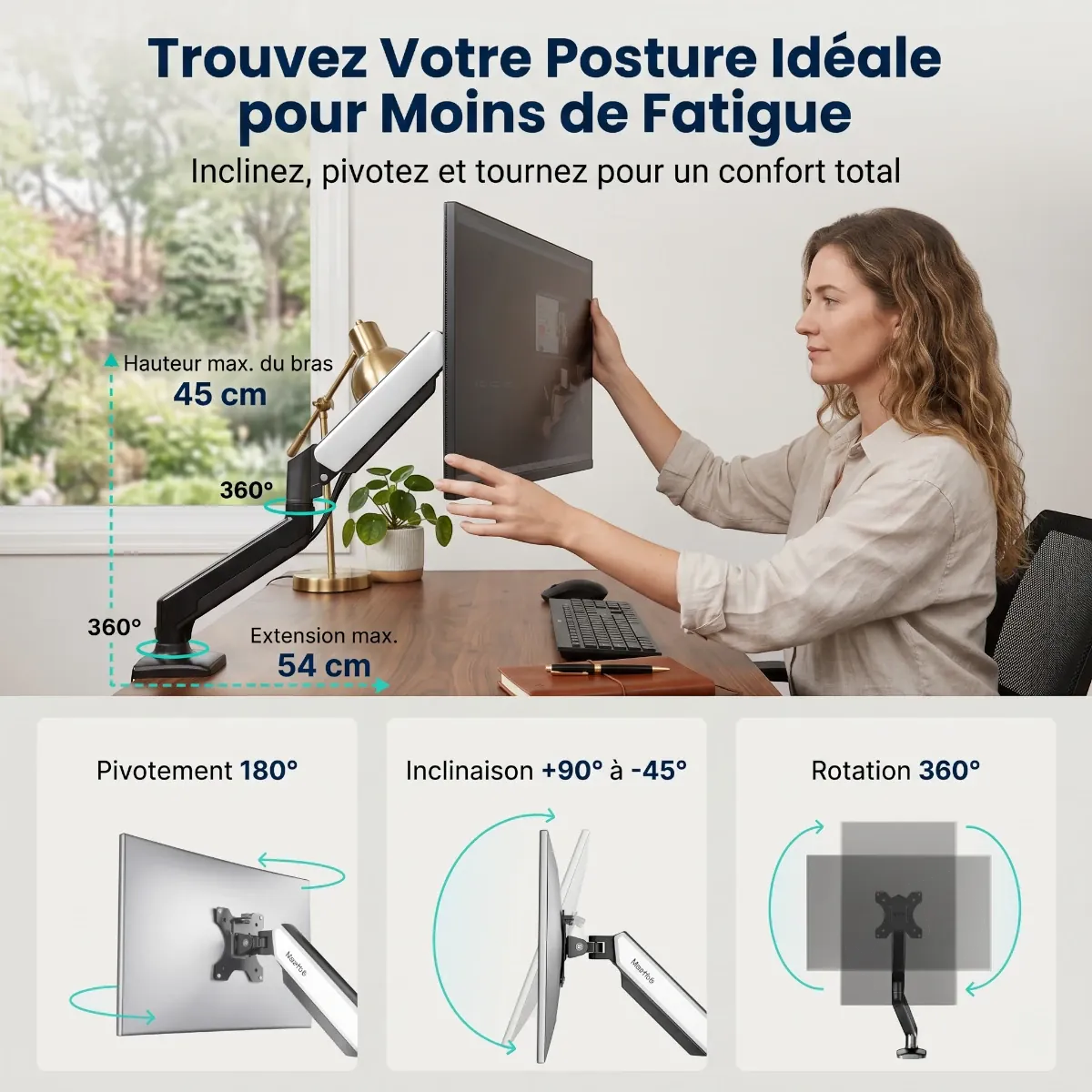 Démonstration de l'amplitude de mouvement du bras écran PC Kineos-1 de Bureau Cosy : ajustement facile de la hauteur, de l'inclinaison et de la rotation.