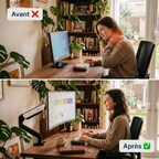 Comparaison avant/après l'utilisation du bras écran PC Kineos-1 de Bureau Cosy : de la mauvaise posture à l'ergonomie optimale.
