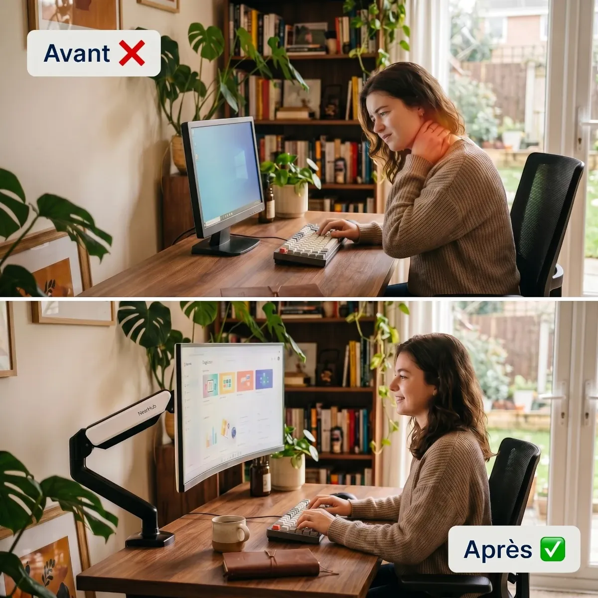 Comparaison avant/après l'utilisation du bras écran PC Kineos-1 de Bureau Cosy : de la mauvaise posture à l'ergonomie optimale.