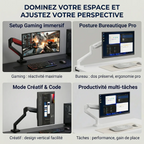 Quatre cas d'usage du bras écran PC Kineos-1 de Bureau Cosy : gaming immersif, bureautique pro, mode créatif/code et productivité multi-tâches.