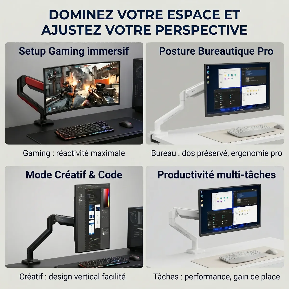 Quatre cas d'usage du bras écran PC Kineos-1 de Bureau Cosy : gaming immersif, bureautique pro, mode créatif/code et productivité multi-tâches.